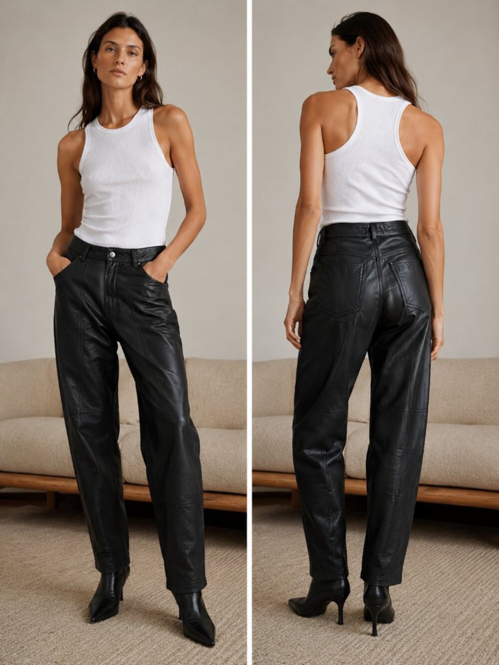 Vintage 1980s Genuine Leather Barrel Leg Pants High Rise 5 Pocket 29